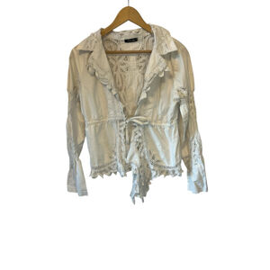 Dolce Cabo White Lace Ruffle Blouse Romantic Boho Peasant Top Long Sleeve Top